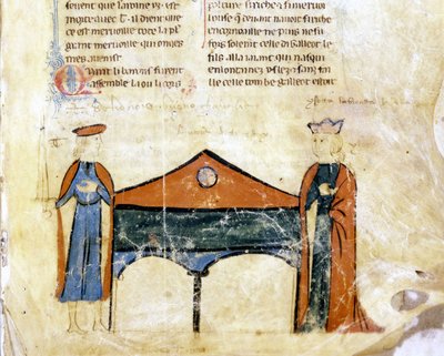 Tristan en Isolde. Miniatuur van een 14e-eeuws Frans manuscript. Bibl. Marciana, Venetië. door French School