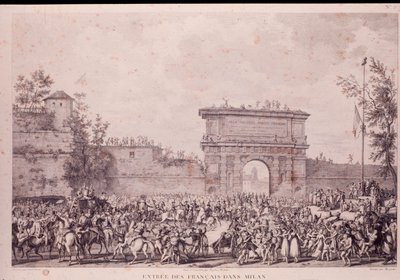 Triomfantelijke intocht van de Franse troepen onder Napoleon Bonaparte in Milaan, 15 mei door French School