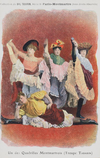 Troupe Tabarin dansers bij het Bal Tabarin (kleurenlitho) door French School