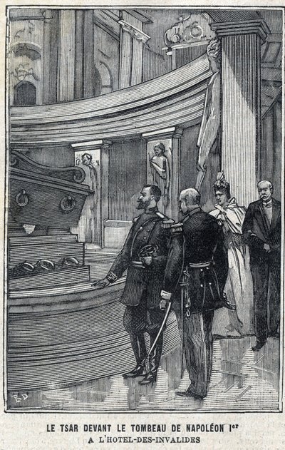 Tsaar Nicolaas II van Rusland en Tsarina Alexandra Fiodorovna Romanova voor het graf van Napoleon I Bonaparte in het Hotel des Invalides in Parijs, in "Le Petit Parisien" door French School