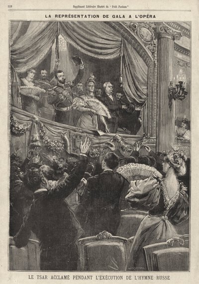 Tsaar Nicolaas II van Rusland toegejuicht door het publiek tijdens het spelen van het Russische volkslied bij een galavoorstelling in de Opera van Parijs tijdens zijn bezoek aan Frankrijk door French School