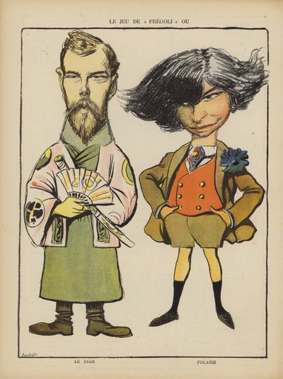 Tsaar Nicolaas II van Rusland en de Franse actrice Polaire. Illustratie voor Le Rire door French School