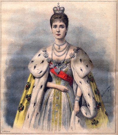 Tsarina Alexandra van Rusland in haar kroningsgewaden - Tsarina Alexandra Fjodorovna in het gewaad van de heilige. Illustratie voor Le Petit Journal, 24 mei 1896 (gravure) door French School