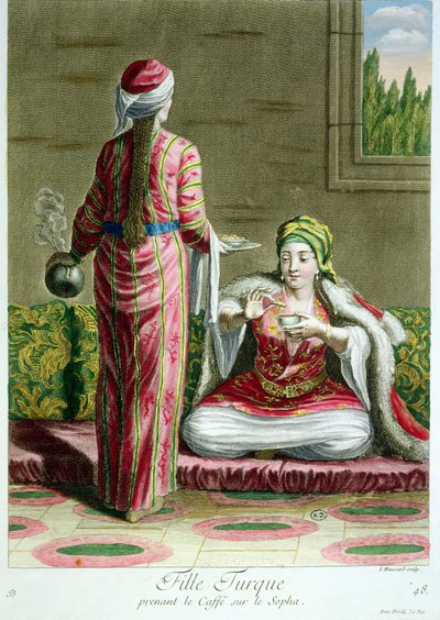 Turks meisje drinkt koffie op de bank, uit de collectie van prenten van kostuums uit de Levant, gegraveerd door I. Haussard, 1707-08 door French School