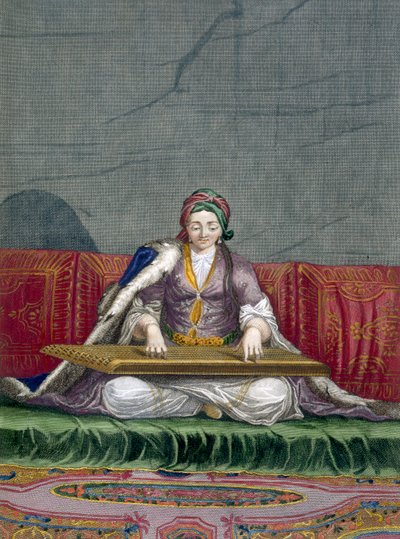 Turks meisje speelt een tokkelinstrument, uit Collectie van Honderd Prenten die de Verschillende Naties van de Levant Vertegenwoordigen door Charles de Ferriol, gegraveerd door Gerard Scotin (1671-1716) door French School