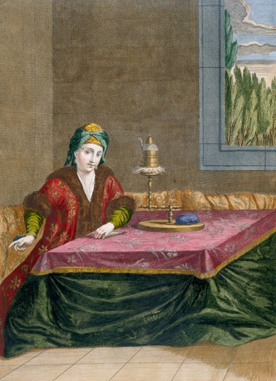 Turkse vrouw die draad spint, ca. 1708 door French School