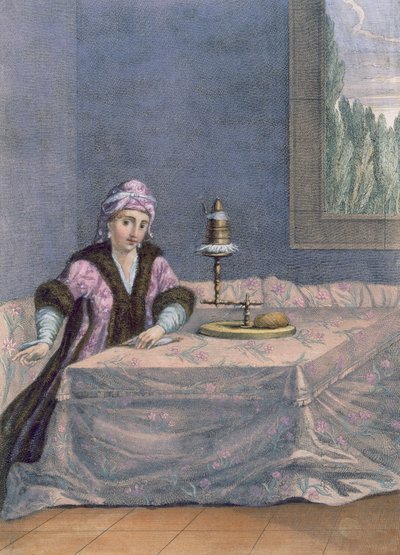Turkse vrouw die draad spint, ca. 1708 door French School