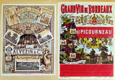Twee advertenties voor Malevezin en Company distributeurs en de wijngaard Chateau de Picourneau, uit de Bordeaux regio, eind 19e eeuw door French School