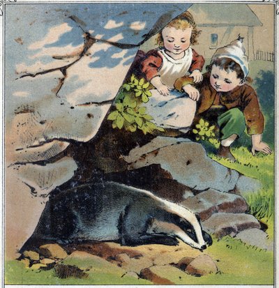 Twee kinderen observeren een das in zijn hol. Chromolithografie uit 