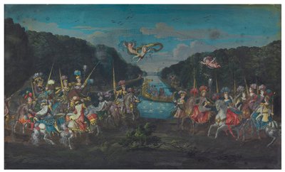 Twee waaiervellen: De pompeuze carrousel van de galante Amazones uit de vier delen van de wereld; en Processie die een tempel verlaat, begeleid door putti, tweede helft van de 17e eeuw door French School