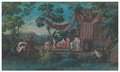 Twee waaiervellen: Het pompeuze carrousel van de galante Amazones uit de vier delen van de wereld; en Processie die een tempel verlaat, begeleid door putti, tweede helft van de 17e eeuw door French School