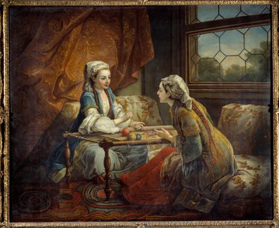Twee sultans werken aan een tapijt door French School