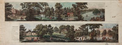 Twee uitzichten van Mortefontaine Park met bijschriften (ets met wc op papier) door French School