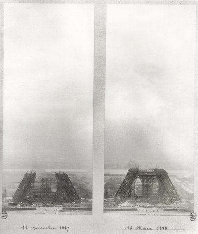 Twee uitzichten op de bouw van de Eiffeltoren, Parijs, 12 december 1887 en 15 maart 1888 door French School