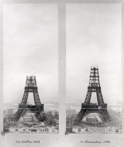 Twee uitzichten op de bouw van de Eiffeltoren, Parijs, 14 oktober en 14 november 1888 door French School
