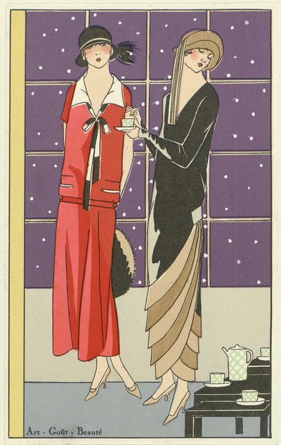 Twee vrouwen die thee drinken en gekleed zijn in ontwerpen van Jean Patou en Beer, uit Art-Goût-Beauté uitgegeven 1924 door French School
