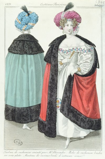 Twee vrouwen met tulbanden, jurken en mantels van kasjmier, uit Costumes Parisiens, 1831 door French School