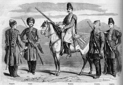 Typen en uniformen van de speciale escorte van de keizer van Rusland. Van links naar rechts: Trompet, Kozak, Moslim, Circassian en Lesghian. Gravure in 