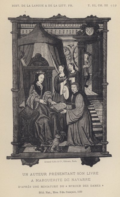 Een auteur presenteert zijn boek aan Marguerite De Navarre (litho) door French School