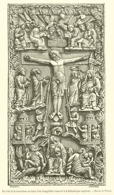 Een zijde van de ivoren omslag van een evangelieboek bewaard in de keizerlijke bibliotheek door French School