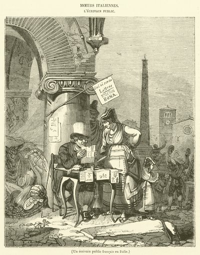 Een Franse publieke schrijver in Italië (gravure) door French School