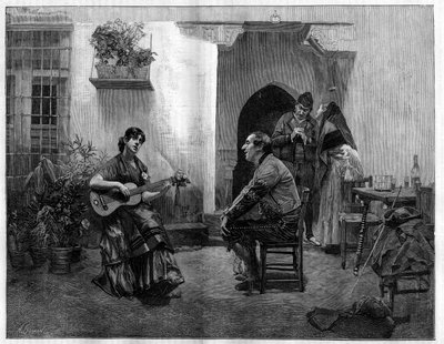 Onder de betovering: een man luistert vol bewondering naar een jong Spaans meisje dat gitaar speelt. Gravure naar het schilderij van Jules Worms in "The Illustrous World", 1 mei door French School