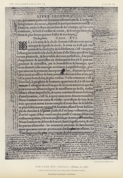 Een pagina uit de Essais, editie van 1588, met handgeschreven aantekeningen van Montaigne (litho) door French School