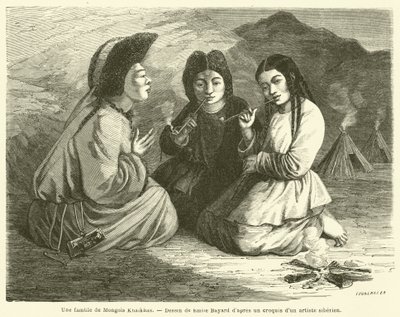 Een familie van Khalkha-Mongolen (gravure) door French School