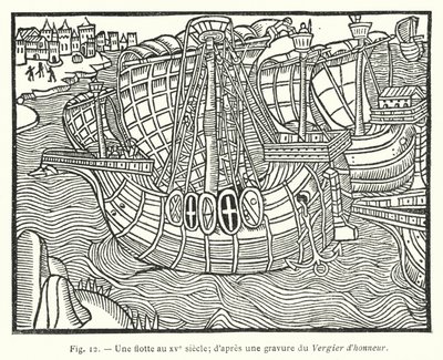 Een vloot in de 15e eeuw; naar een gravure uit de Vergier d