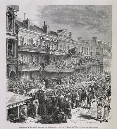 Een straat in New Orleans op verkiezingsdag 1875 - in "Le Tour du Monde", 2e semester 1876 door French School