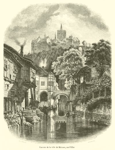 Een straat in de stad Meissen, aan de Elbe door French School