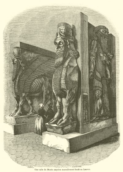 Een zaal van het nieuw opgerichte Assyrische museum in het Louvre (gravure) door French School