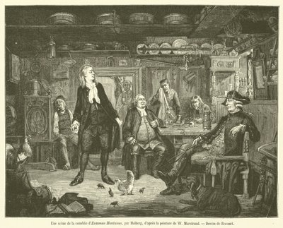 Een scène uit de komedie Erasmus Montanus door French School