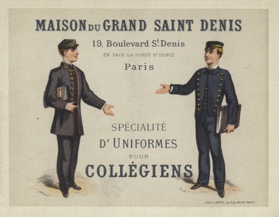 Uniformen voor Franse Collegiens, advertentie voor Maison du Grand Saint Dennis door French School