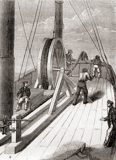 Het afwikkelen van de Dover naar Calais onderzeese kabel aan boord van de Blazer, 25 december 1851, uit Les Merveilles de la Science, gepubliceerd ca.1870 (gravure) door French School
