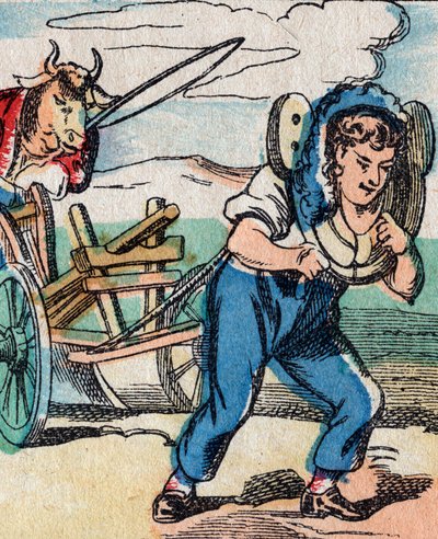Ondersteboven wereld: ossen trekken ploeg voortgetrokken door boer door French School