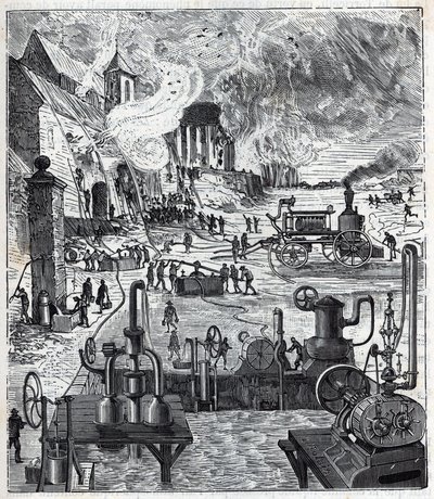 Gebruik van verschillende pompsystemen bij een brand in de 19e eeuw - Gravure in 