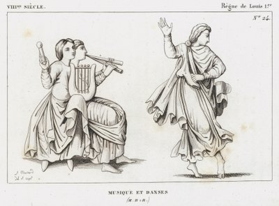 8e eeuw, Regeerperiode van Lodewijk I, Muziek en dansen (gravure) door French School