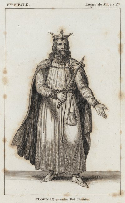 5e eeuw, Regeerperiode van Clovis I, Clovis I, eerste christelijke koning (gravure) door French School