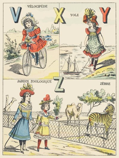 V X Y Z: velocipede, jol, dierentuin, zebra door French School