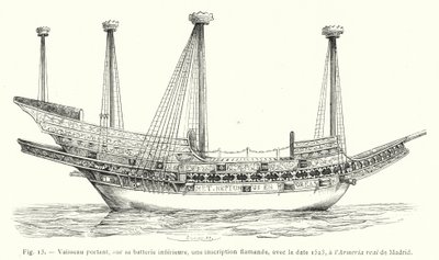 Schip met een Vlaamse inscriptie op het onderste dek, met de datum 1523, in de Armeria real van Madrid (gravure) door French School