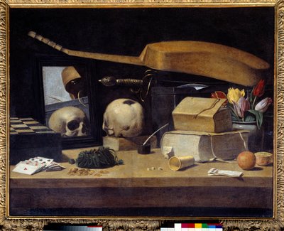 Vanitas Stilleven met kaarten, instrument en schedel door French School
