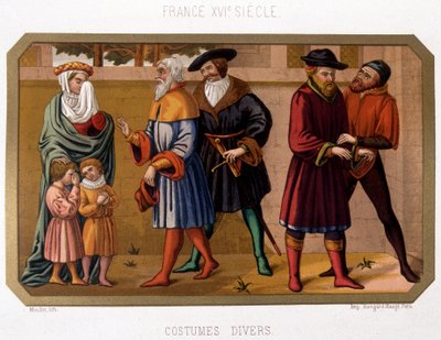 Verschillende kostuums van de bourgeoisie in de 16e eeuw - chromo. 19e eeuw gebaseerd op periode document door French School