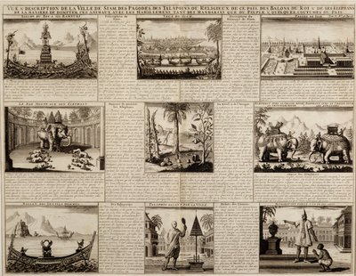 Verschillende uitzichten op Siam en Ayutthaya, uit Du Royaume de Siam door Simon de la Loubere, gepubliceerd in 1688 door French School