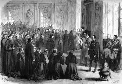 Vaticaans Concilie I (1869-1870): Paus Pius IX (1792-1878) ontving in algemene audiëntie de Franse geestelijken die de bisschoppen volgden door French School