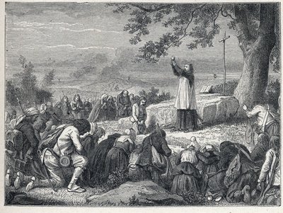 Vendee Oorlogen (1793-1796): Priester viert een mis onder een eik voor de opstandige bevolking die gezworen priesters afwijst. Gravure uit 1889. Privécollectie door French School