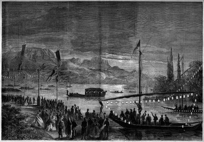Venetiaans feest op het Meer van Annecy ter gelegenheid van het bezoek van Napoleon III en de Keizerin Eugenie de Montijo. Annecy, Haute Savoie (74) door French School