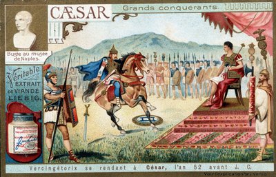 Vercingetorix gaat naar Caesar, in het jaar 52 v.Chr. - Liebig reclame vignette door French School