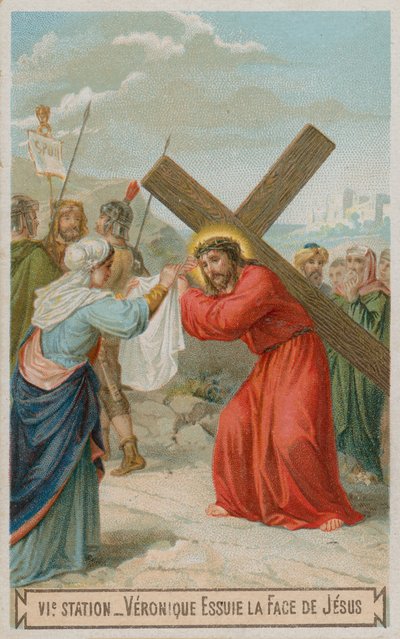Veronica veegt het gezicht van Jezus af. De zesde statie van de kruisweg door French School