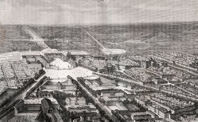 Versailles met zijn kasteel in de 19e eeuw - gravure in 